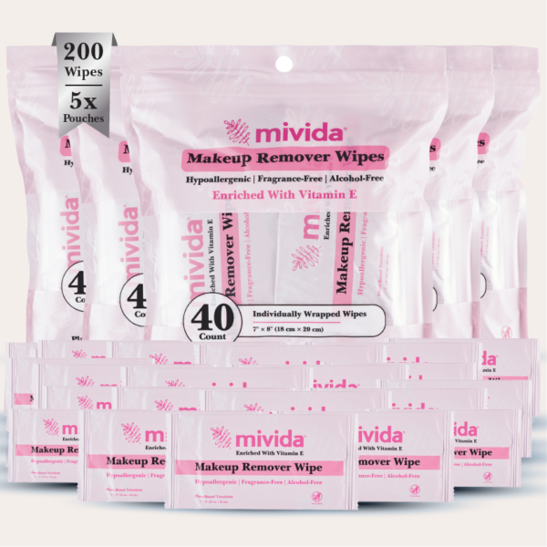 mivida Hypoallergenic Makeup Remover Wipes with Vitamin E, Individually Wrapped (40 x 5, 200 Count)