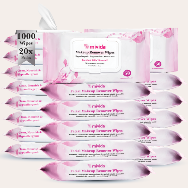 mivida Hypoallergenic Makeup Remover Wipes with Vitamin E, Bulk (20 Packs x 50)