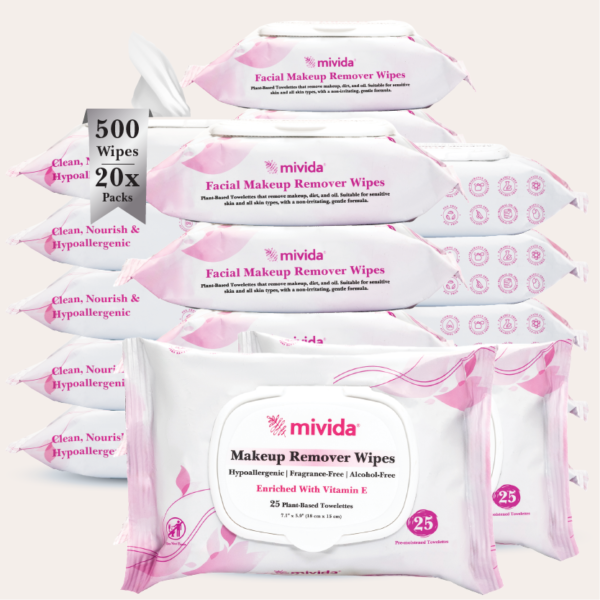 mivida Hypoallergenic Makeup Remover Wipes with Vitamin E, Bulk (20 Packs x 25 Wipes)