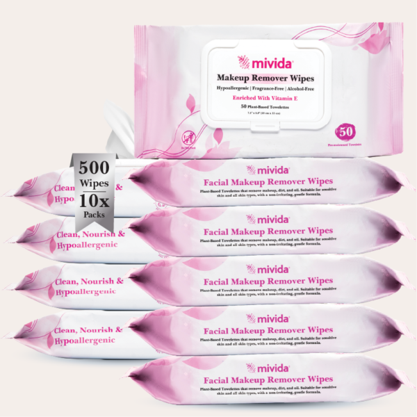 mivida Hypoallergenic Makeup Remover Wipes with Vitamin E, (10 Packs x 50 Wipes)