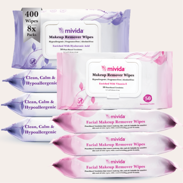 mivida Hypoallergenic Makeup Remover Wipes, Variety Box (8 Packs x 50 Wipes)