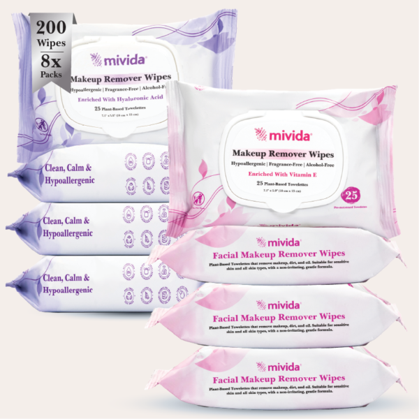 mivida Hypoallergenic Makeup Remover Wipes, Variety Box (8 Packs x 25 Wipes)