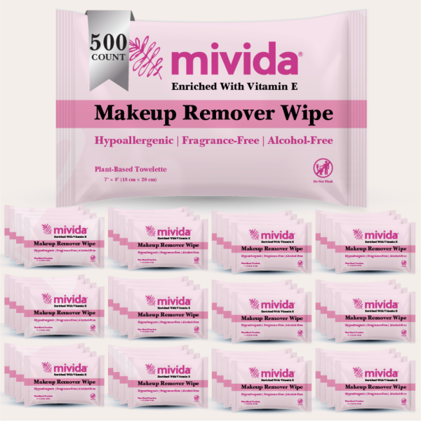mivida Hypoallergenic Makeup Remover Wipes with Vitamin E, Individually Wrapped (500 Count)