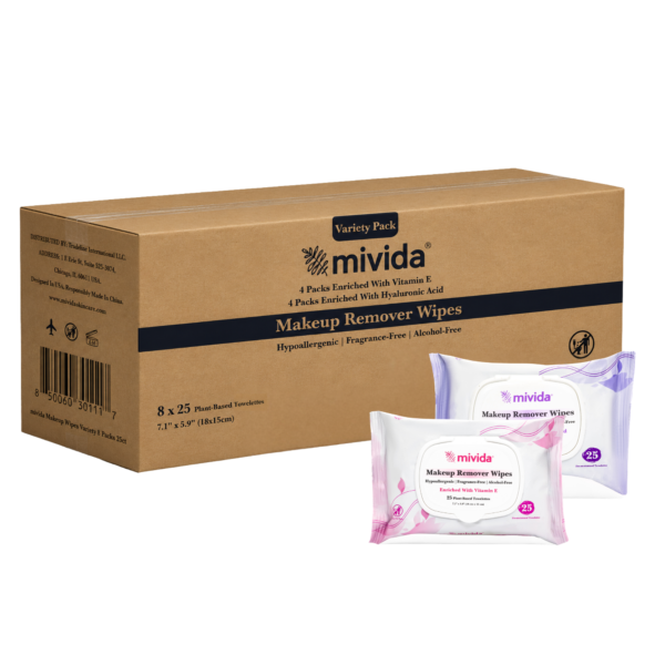 mivida Hypoallergenic Makeup Remover Wipes, Variety Box (8 Packs x 25 Wipes)