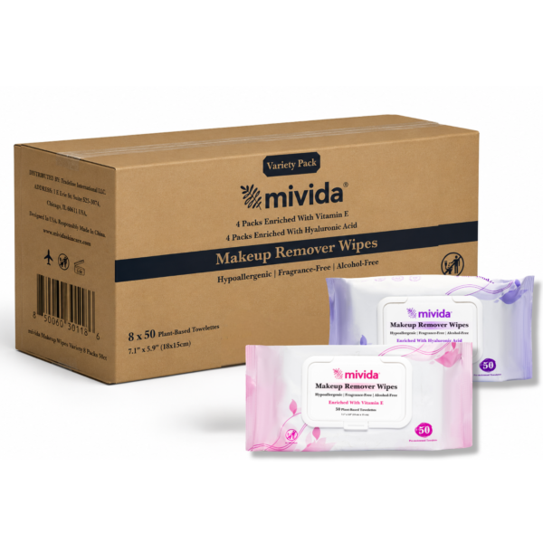 mivida Hypoallergenic Makeup Remover Wipes, Variety Box (8 Packs x 50 Wipes)
