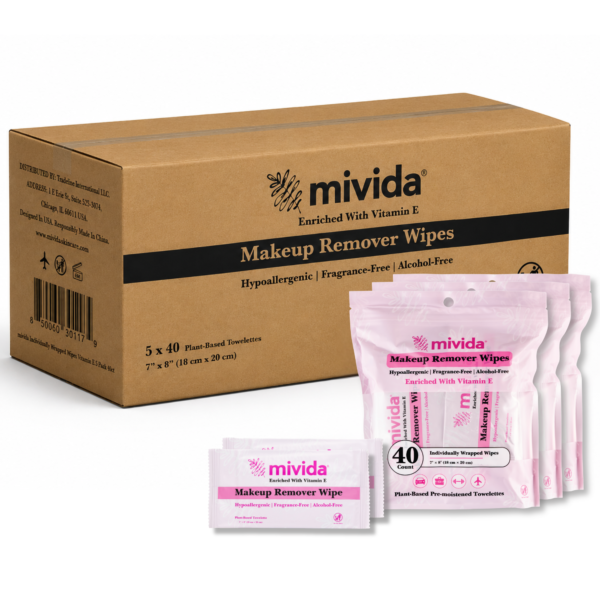 mivida Hypoallergenic Makeup Remover Wipes with Vitamin E, Individually Wrapped (40 x 5, 200 Count)