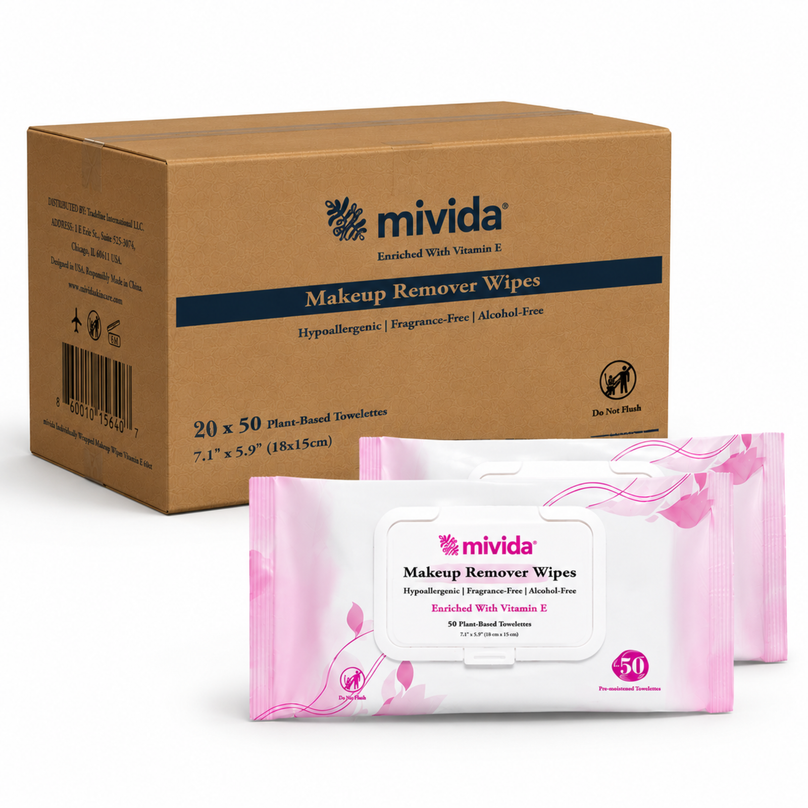 mivida Hypoallergenic Makeup Remover Wipes with Vitamin E, 50 count pack