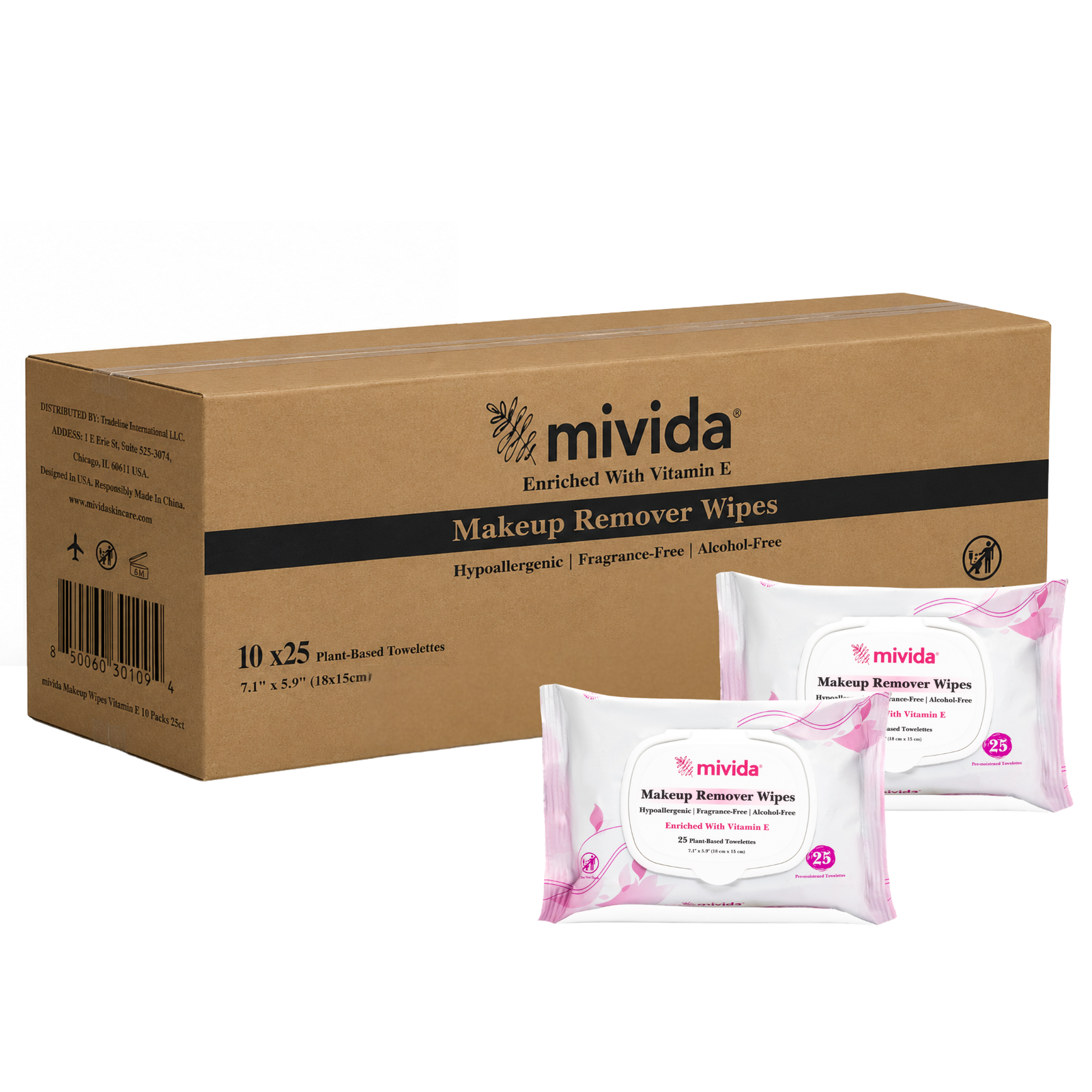 mivida Hypoallergenic Makeup Remover Wipes with Vitamin E, Bulk (10 Packs x 25 Wipes)