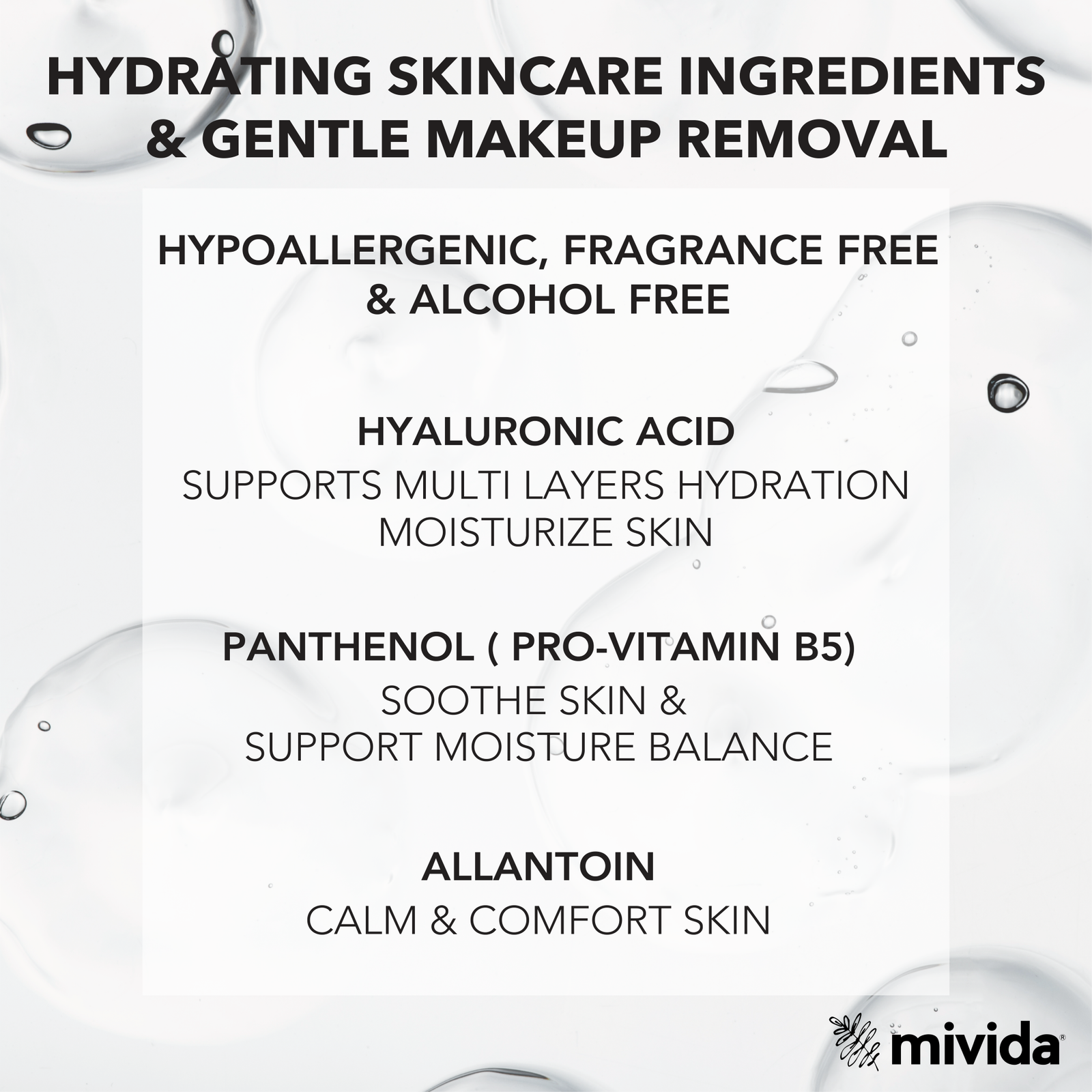 mivida Hypoallergenic Makeup Remover Wipes with Hyaluronic acid, 50 count pack - Image 3