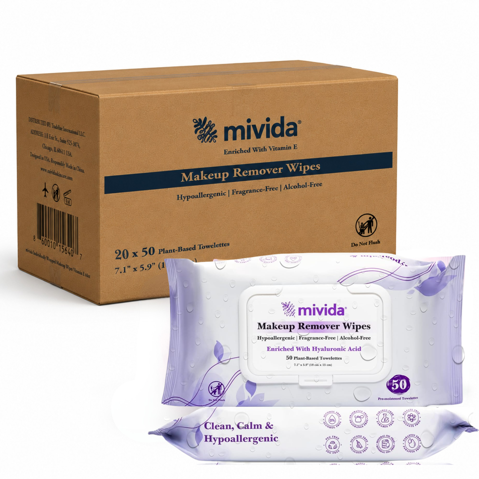 mivida Hypoallergenic Makeup Remover Wipes with Hyaluronic acid, 50 count pack