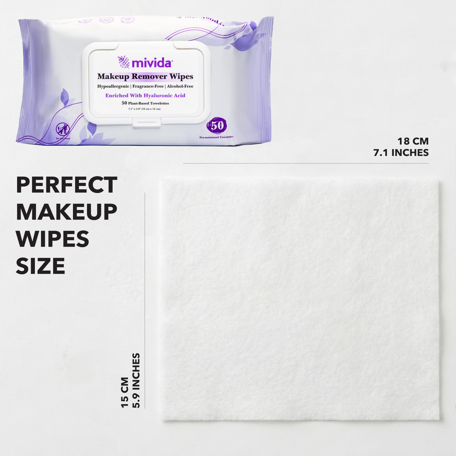 mivida Hypoallergenic Makeup Remover Wipes with Hyaluronic acid, 50 count pack - Image 9